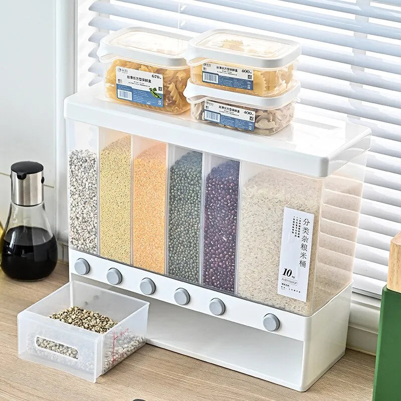 Rice Grain Beans Dispenser 6 Girds Pest-Proof Rack Sealed Food Storage Box for Kitchen and Home Kitchen Dispenser