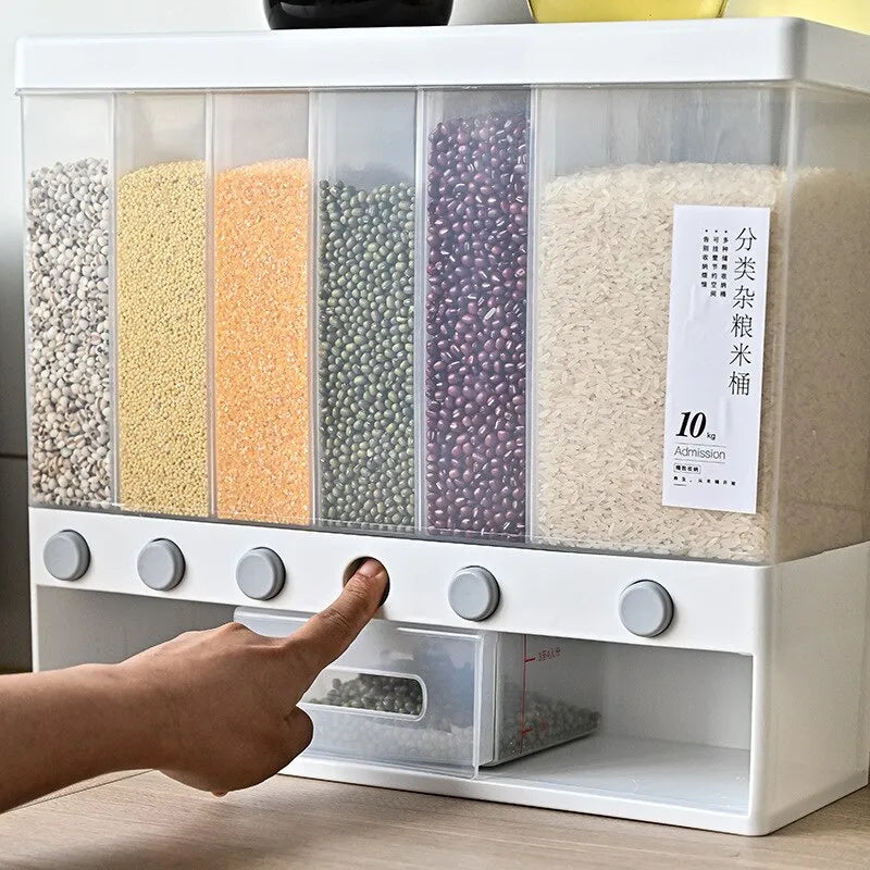 Rice Grain Beans Dispenser 6 Girds Pest-Proof Rack Sealed Food Storage Box for Kitchen and Home Kitchen Dispenser